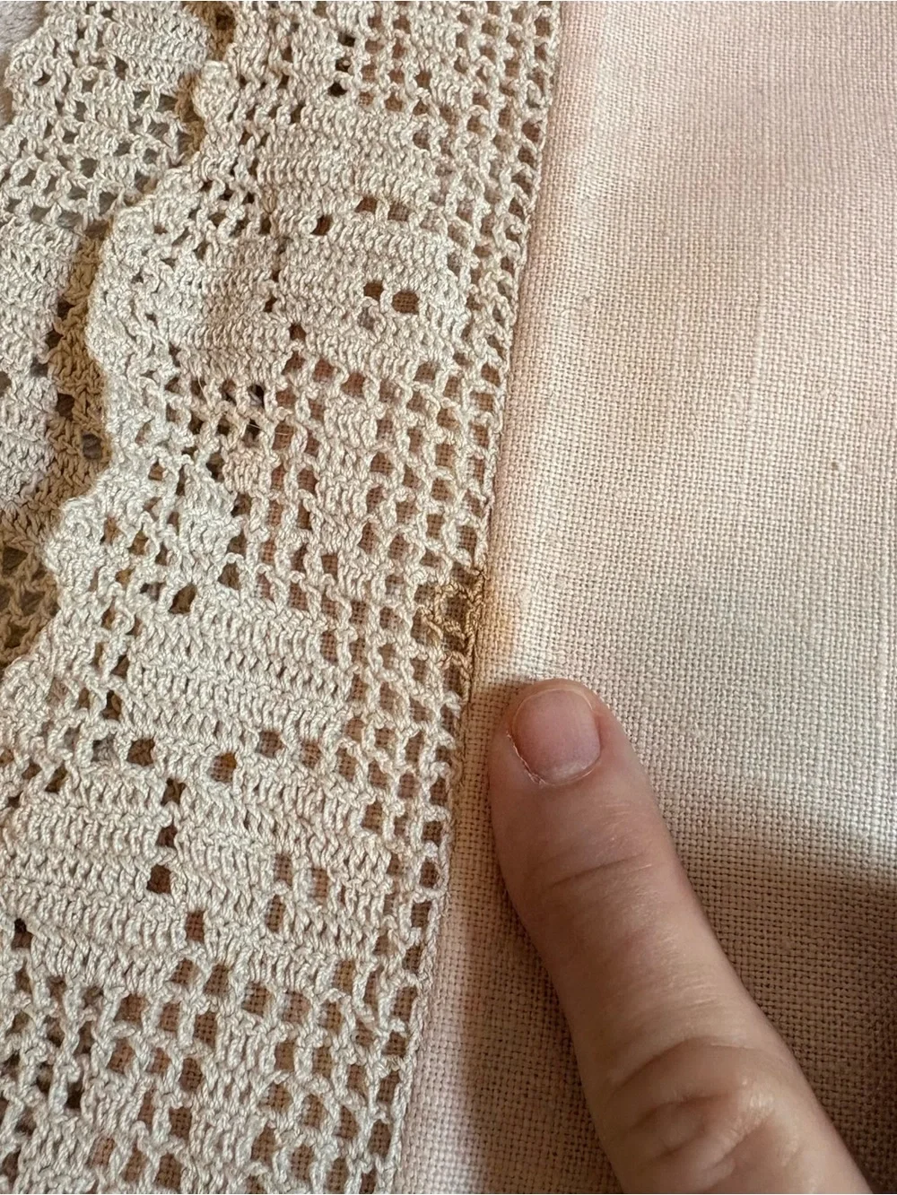 Classic Crochet Lace Trim Linen Tablecloth in Cream Tan Vintage Handmade